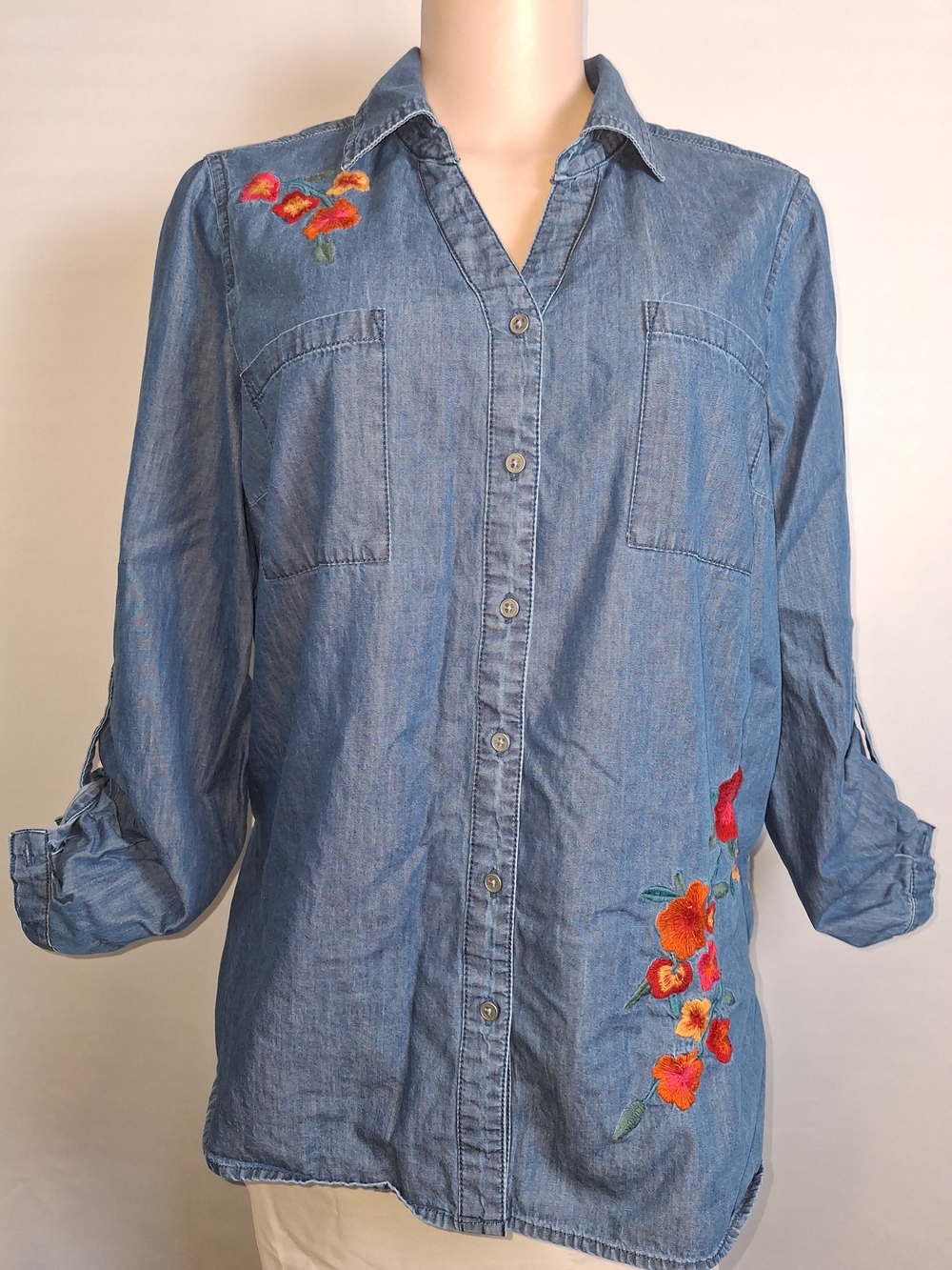 intro. Denim Button-Down Shirt with Red & Orange Floral Embroidery